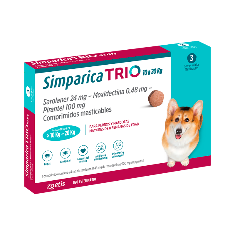 Simparica trio 10 – 20 Kg (caja de 3 comprimidos)